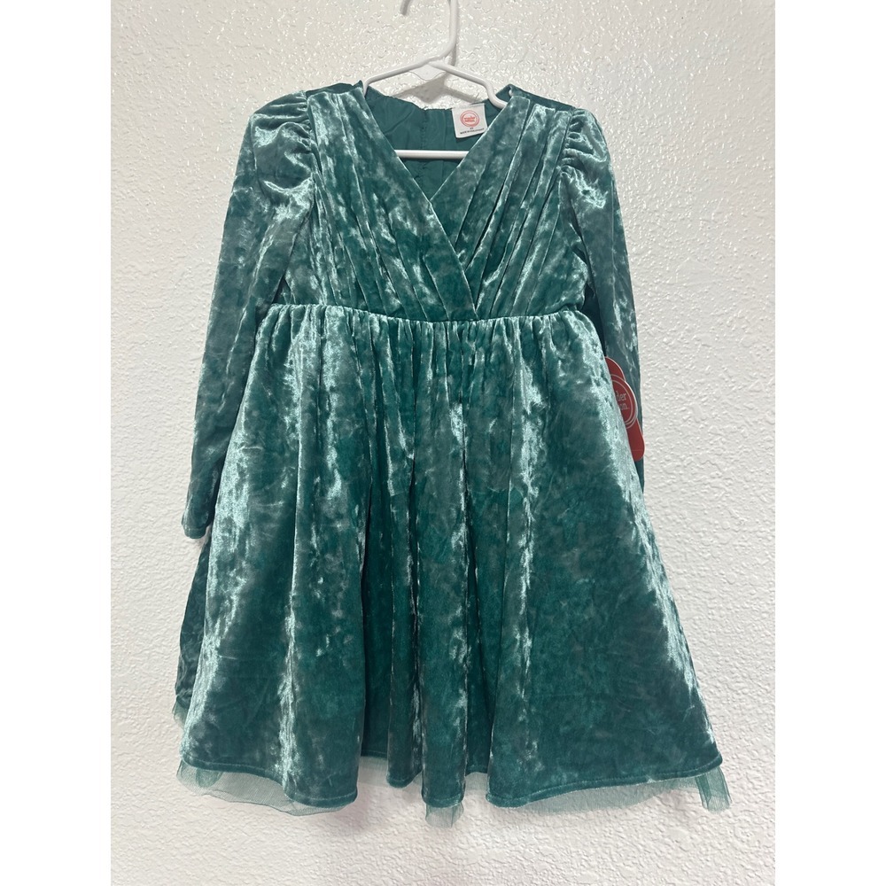 Wonder Nation Girls Teal Shimmer Crushed Velvet Holiday Dress 4T Long Sleeve NEW